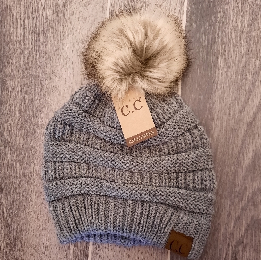 C.C Gray & Tan Pompom Beanie Winter Hat NWT